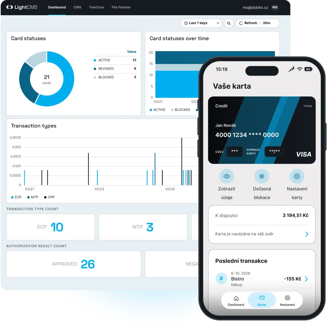 LightCMS CardMan dashboard with card statuses and transaction charts, next to a mobile banking app showing a Visa card