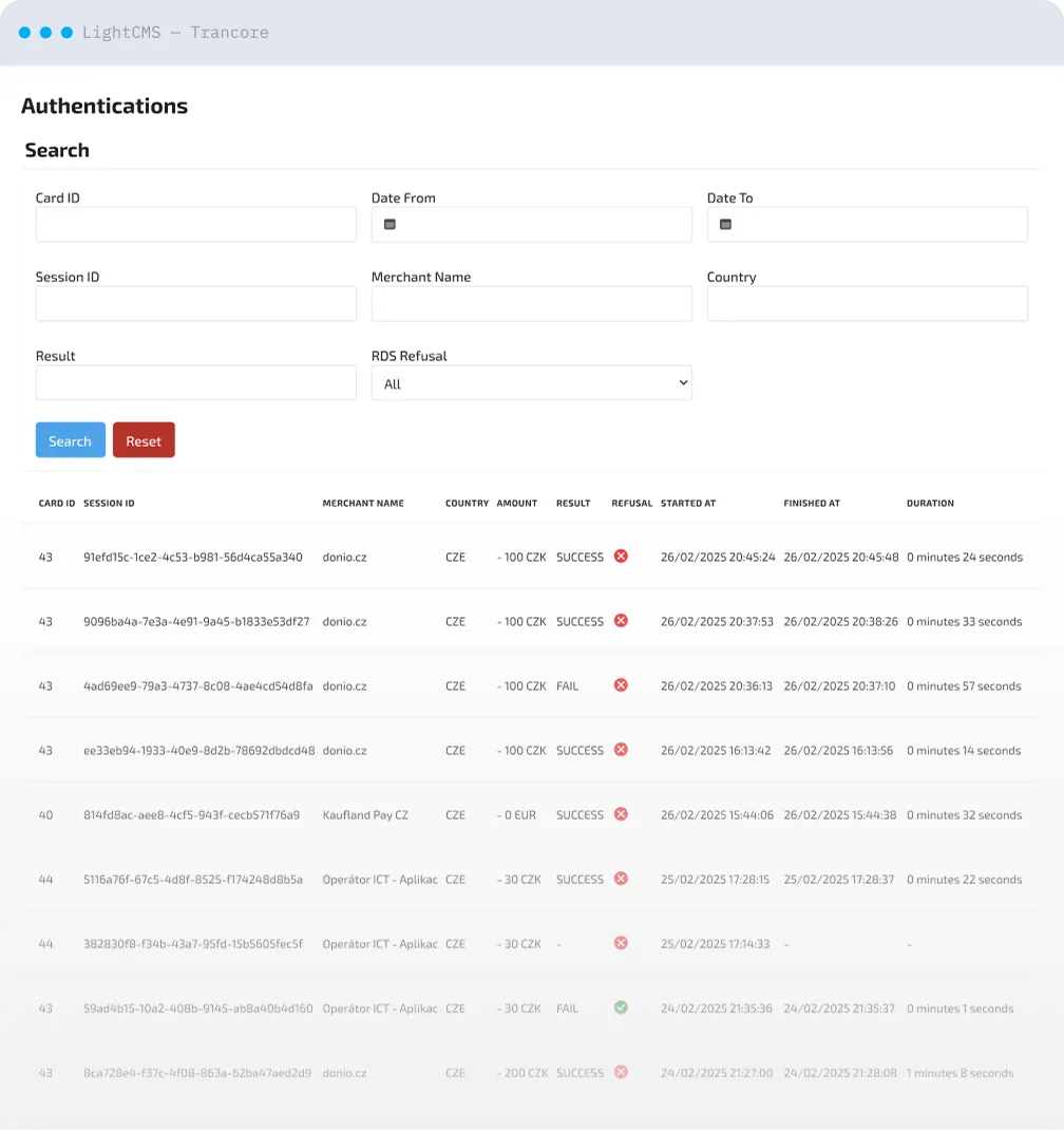 LightCMS Trancore authentications search with filters including RDS refusal, and a list of card authentications with merchant, amount, result and duration