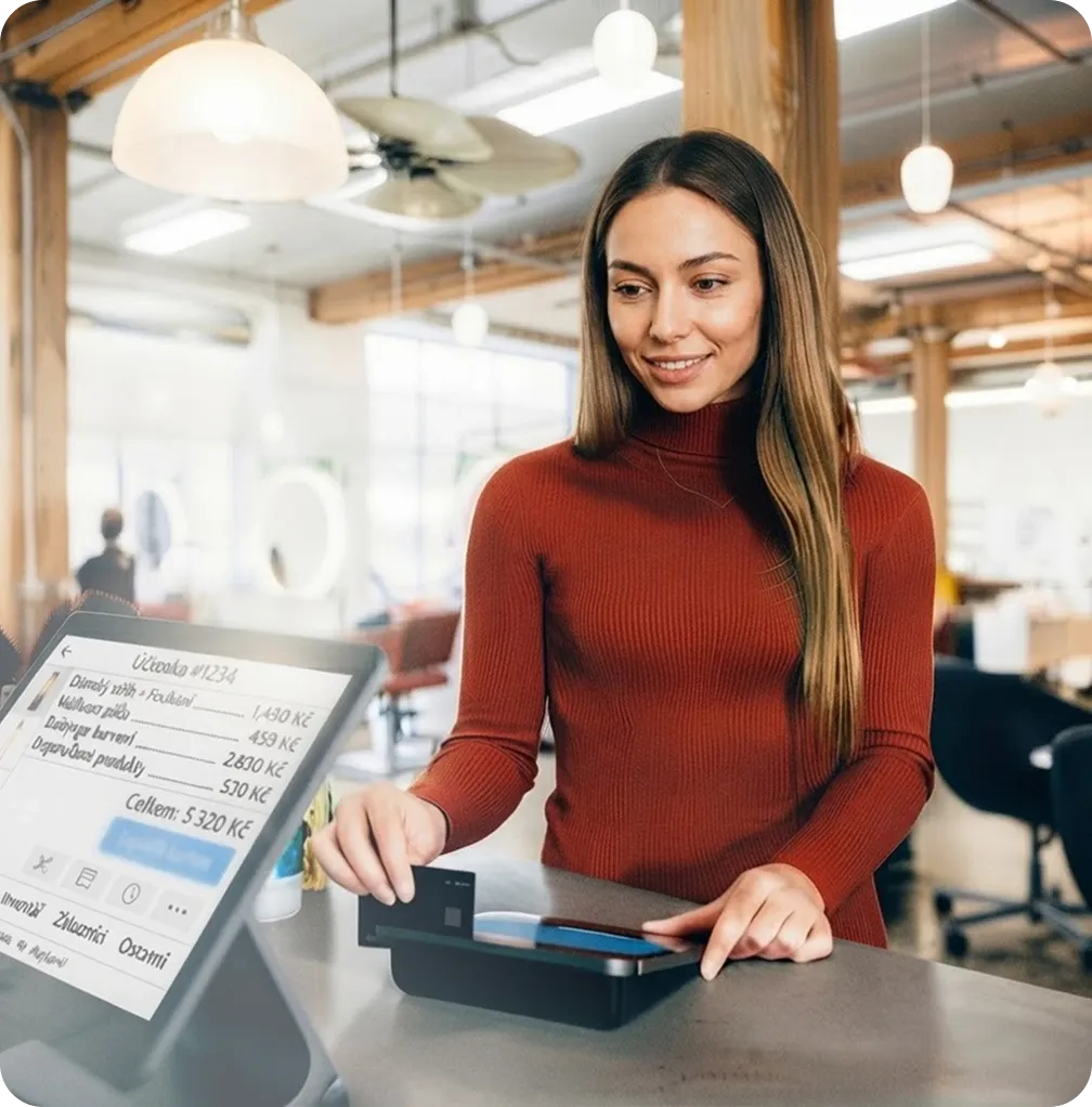 Customer paying by card at a payment terminal while the receipt is shown on a tablet